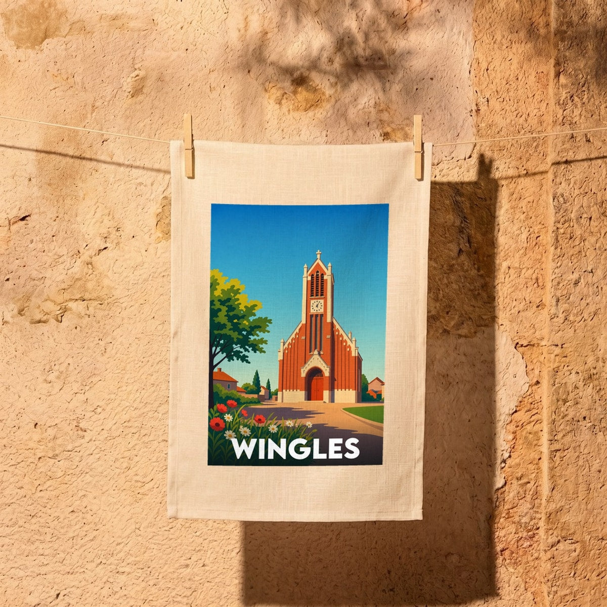 Torchon souvenir de la ville de Wingles avec une illustration stylisée de son église et de ses environs.