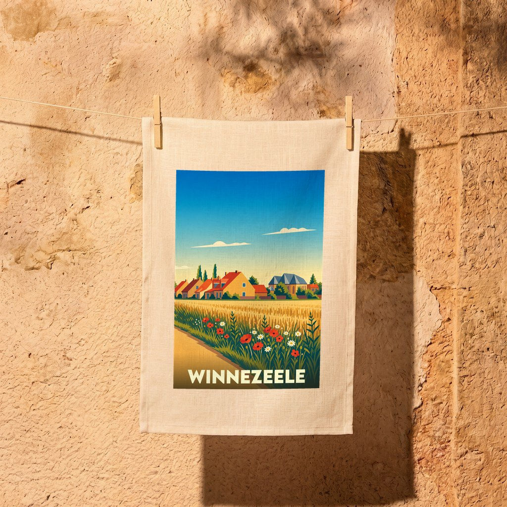Torchon souvenir de la ville de Winnezeele avec une illustration stylisée d'un paysage rural flamand.