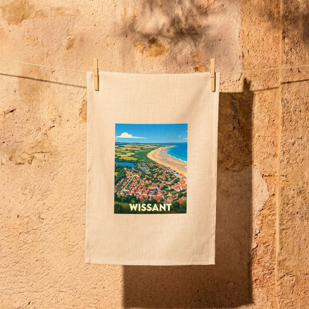 Torchon souvenir de la ville de Wissant avec une illustration stylisée.