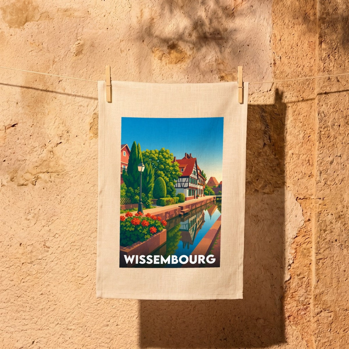 Torchon souvenir de la ville de Wissembourg orné d'une illustration stylisée de ses maisons à colombages au bord de l'eau.