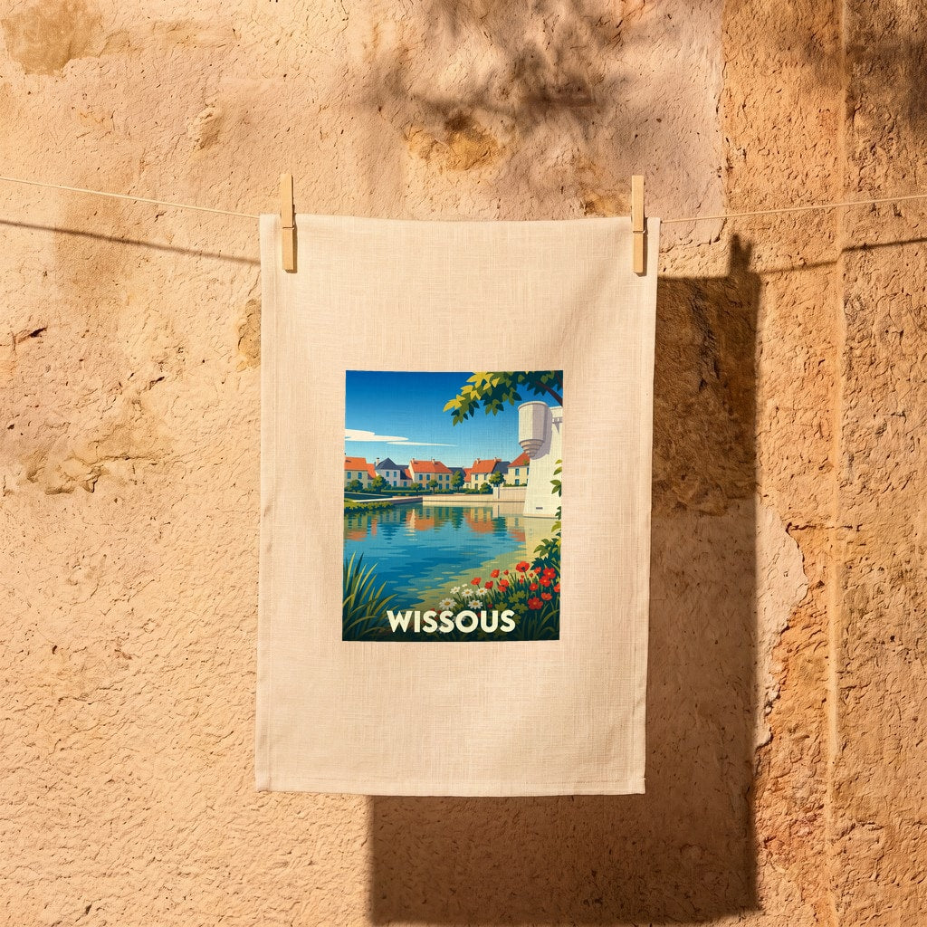 Torchon souvenir de la ville de Wissous avec une illustration stylisée représentant un paysage paisible au bord de l'eau.