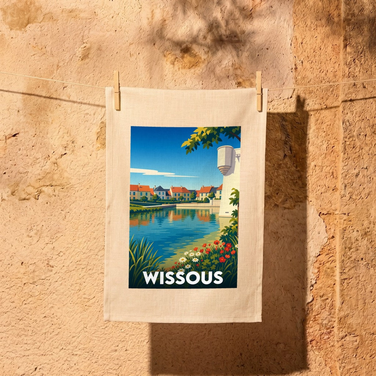 Torchon souvenir de la ville de Wissous avec une illustration stylisée représentant un paysage paisible au bord de l'eau.