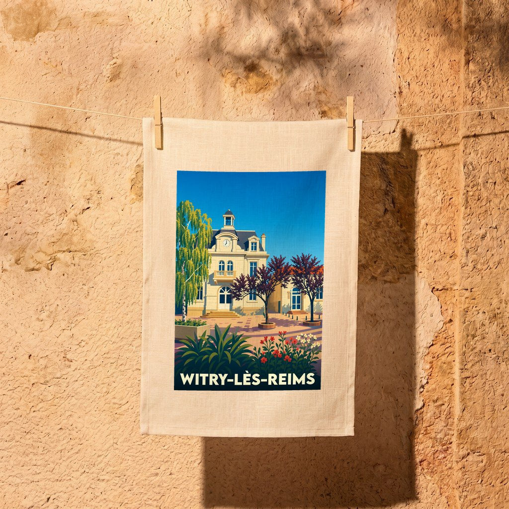 Torchon souvenir de la ville de Witry-lès-Reims avec une illustration stylisée d'un bâtiment historique et d'une place arborée.