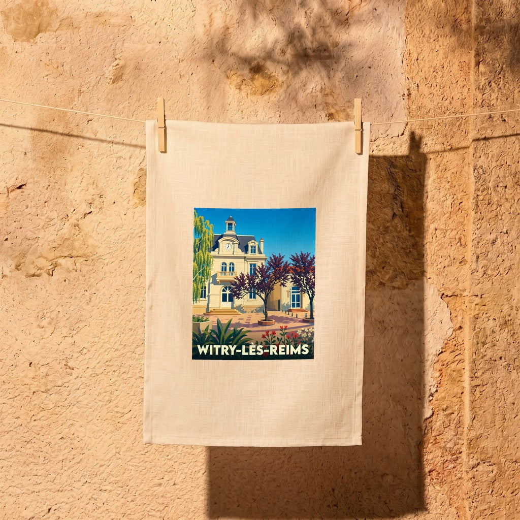 Torchon souvenir de la ville de Witry-lès-Reims avec une illustration stylisée d'un bâtiment historique et d'une place arborée.