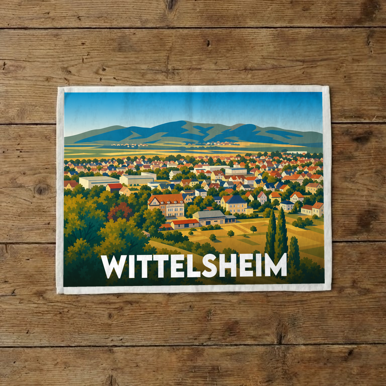 Torchon souvenir de la ville de Wittelsheim avec une illustration stylisée.