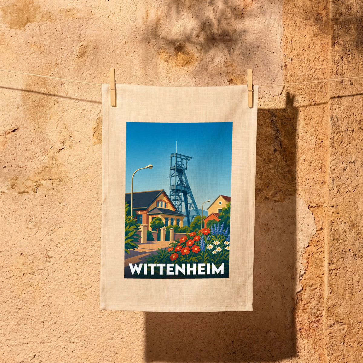 Torchon souvenir de la ville de Wittenheim avec une illustration stylisée de son patrimoine minier.
