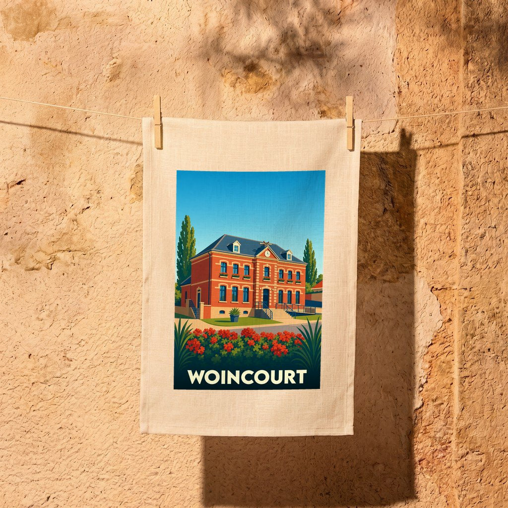 Torchon souvenir de la ville de Woincourt avec une illustration stylisée.
