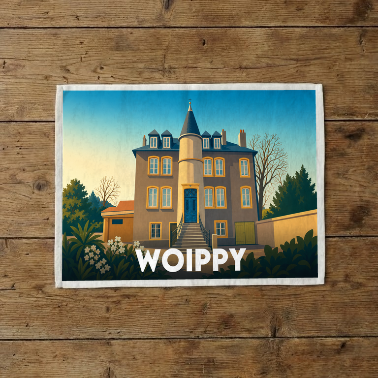 Torchon souvenir de la ville de Woippy avec une illustration stylisée de son architecture.