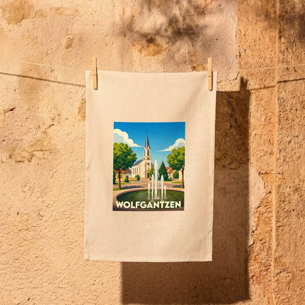 Torchon souvenir de la ville de Wolfgantzen avec une illustration stylisée d'une fontaine et d'une église.