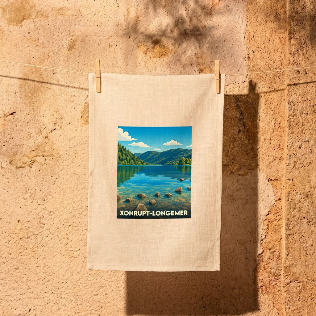 Torchon souvenir de la ville de Xonrupt-Longemer avec une illustration stylisée d'un lac de montagne.