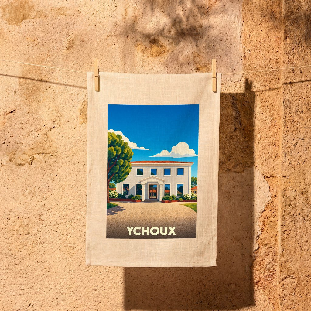 Torchon souvenir de la ville d'Ychoux avec une illustration stylisée de sa mairie.