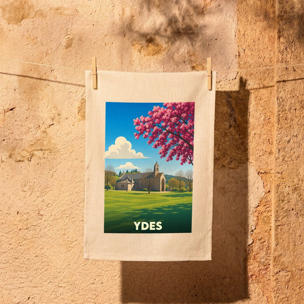 Torchon souvenir de la ville de Ydes avec une illustration stylisée.