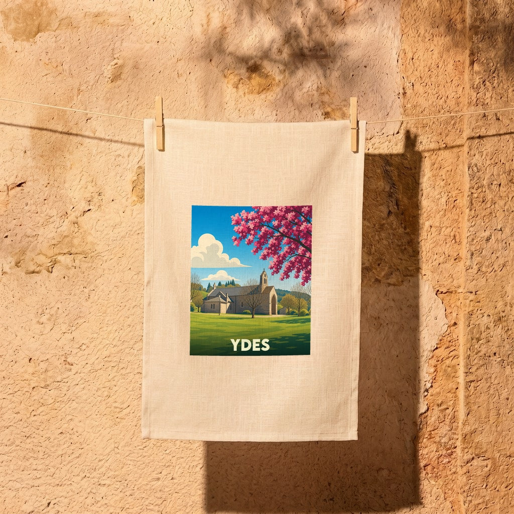 Torchon souvenir de la ville de Ydes avec une illustration stylisée.