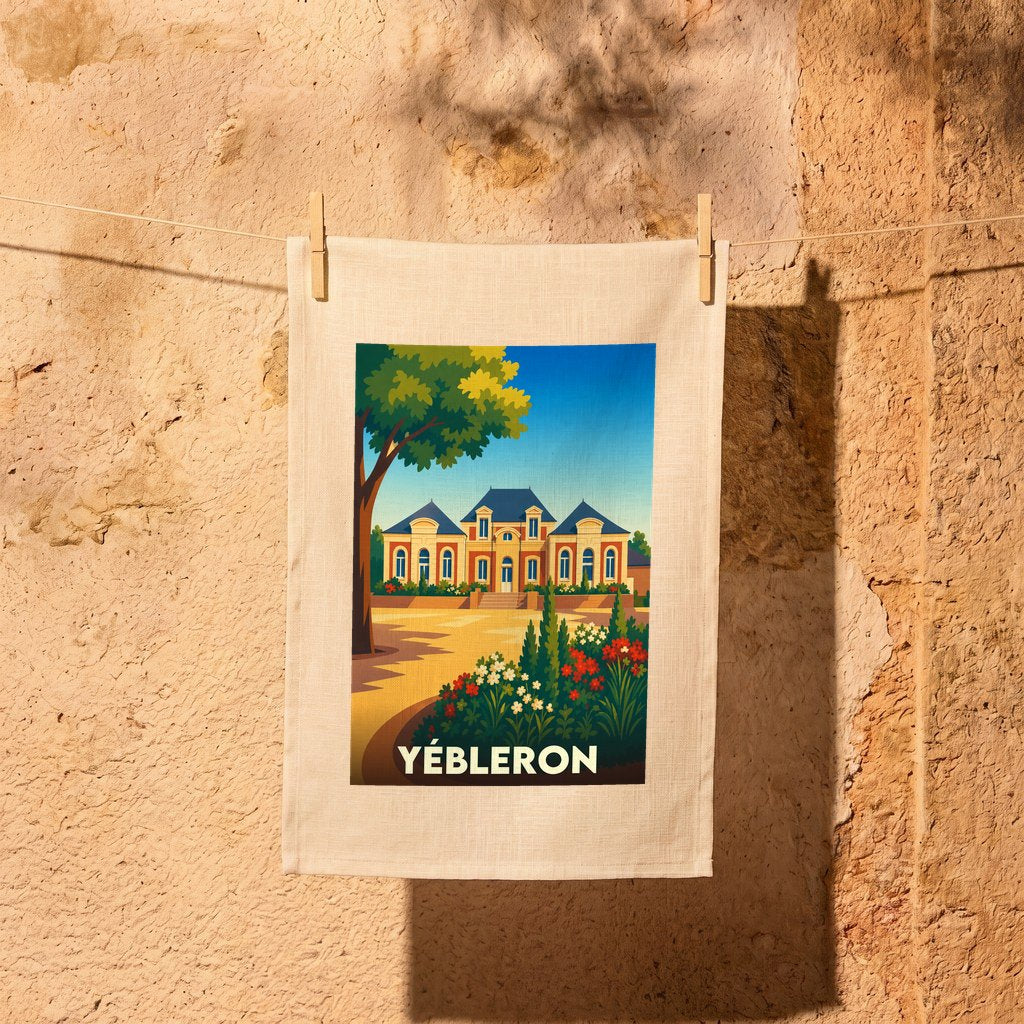 Torchon souvenir de la ville de Yébleron orné d'une illustration stylisée de son patrimoine architectural.