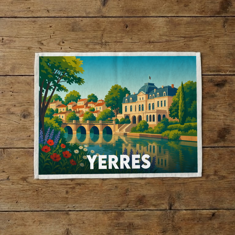Torchon souvenir de la ville de Yerres avec une illustration stylisée d'un manoir au bord de l'eau.
