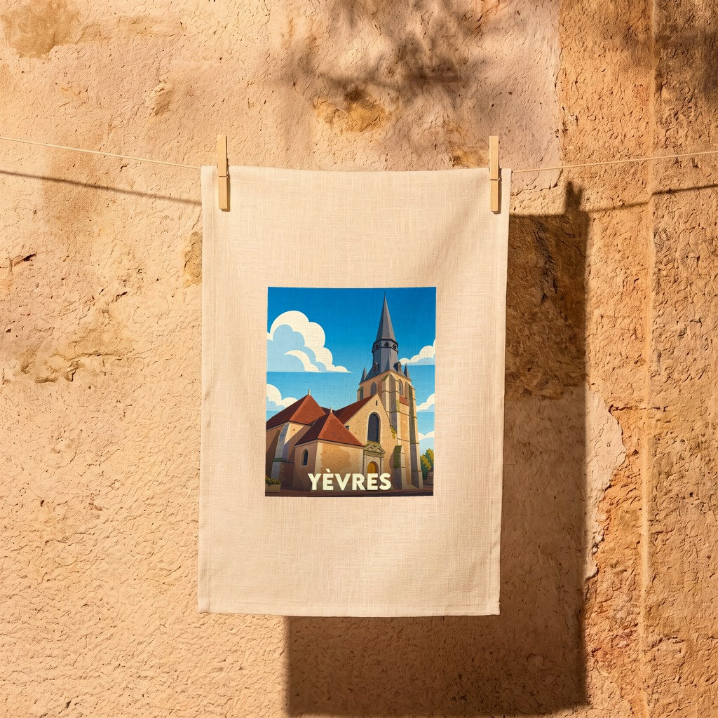 Torchon souvenir de la ville de Yèvres avec une illustration stylisée d'une église sous un ciel bleu.