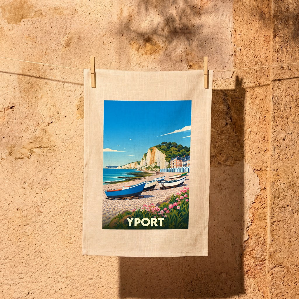 Torchon souvenir de la ville d'Yport avec une illustration stylisée de sa plage et de ses falaises.