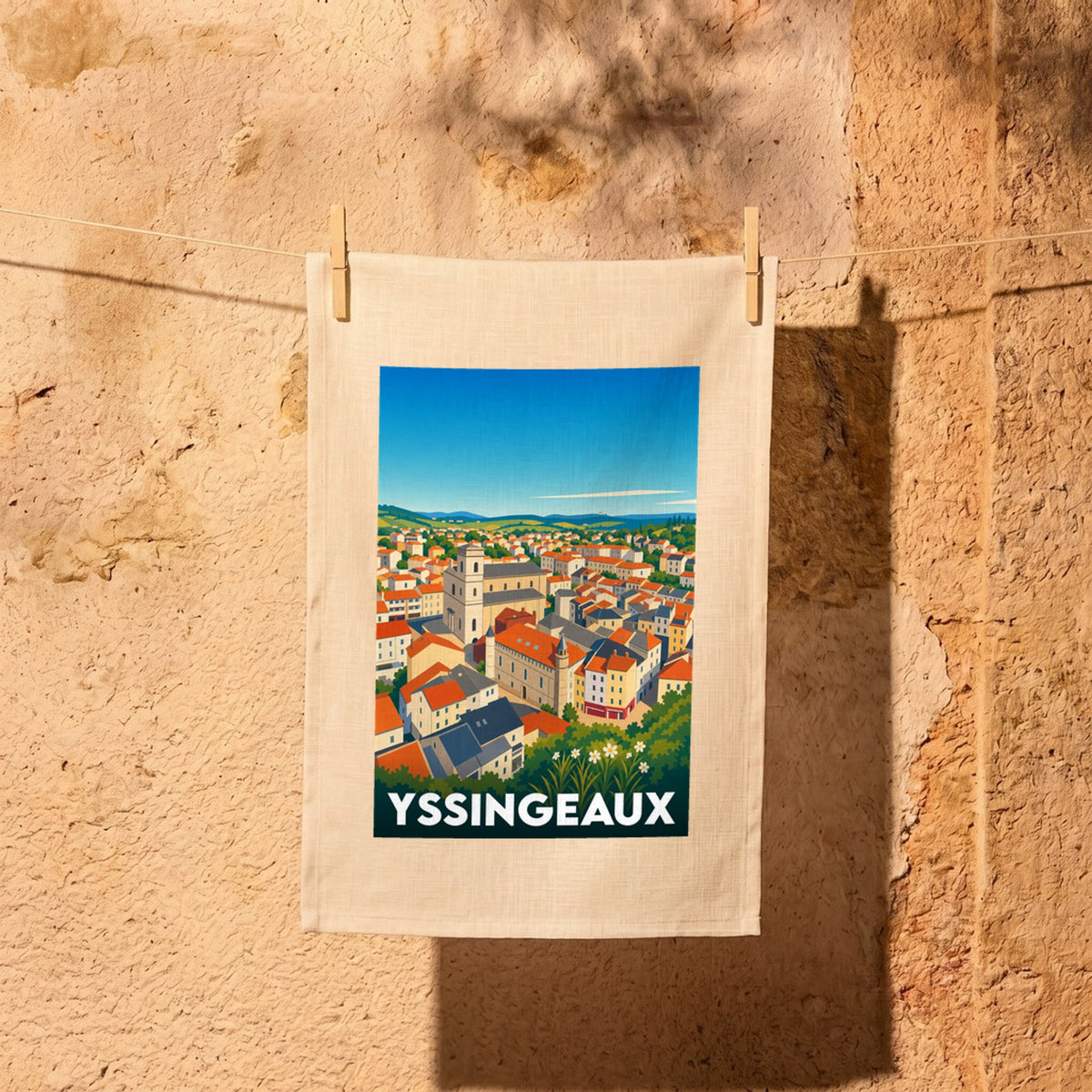 Torchon souvenir de la ville d'Yssingeaux avec une illustration stylisée d'un paysage de collines et de toits rouges.