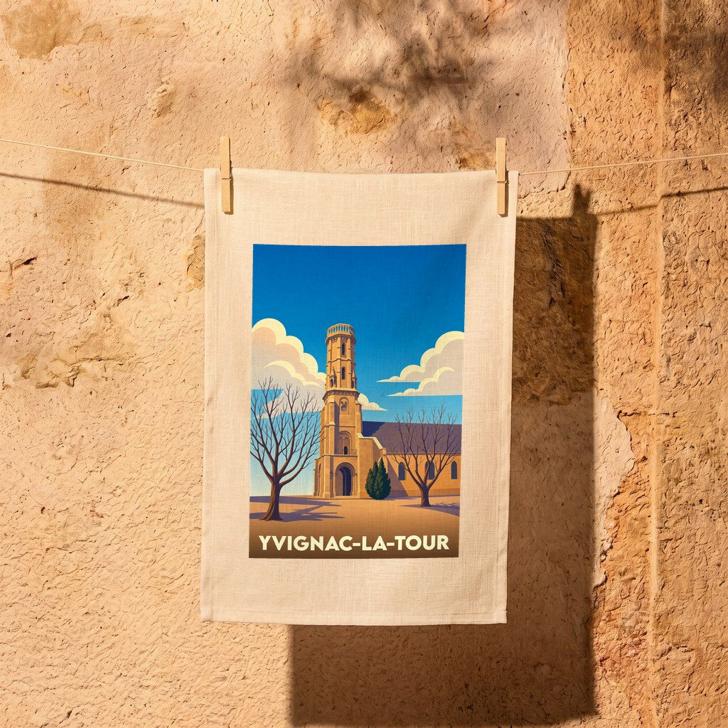 Torchon souvenir de la ville de Yvignac-la-Tour avec une illustration stylisée d'une église.