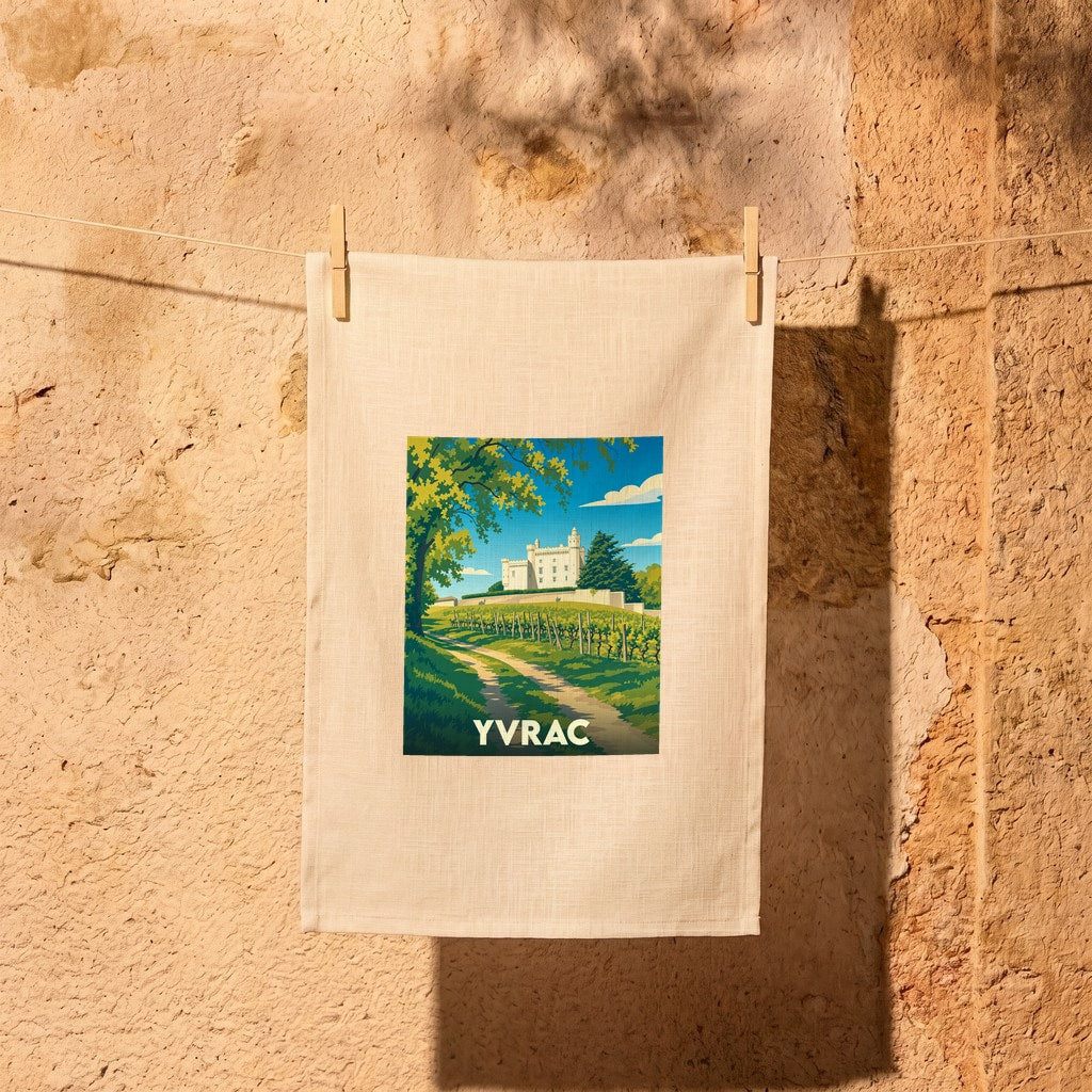 Torchon souvenir de la ville d'Yvrac avec une illustration stylisée d'un château et de vignobles.