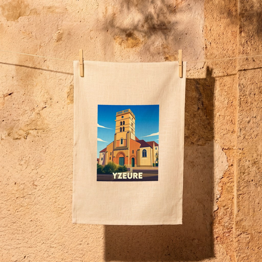 Torchon souvenir de la ville d'Yzeure avec une illustration stylisée de son église.