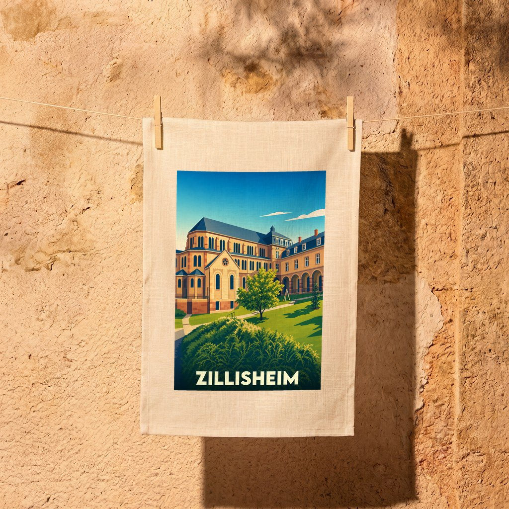 Torchon souvenir de la ville de Zillisheim avec une illustration stylisée de son architecture emblématique.