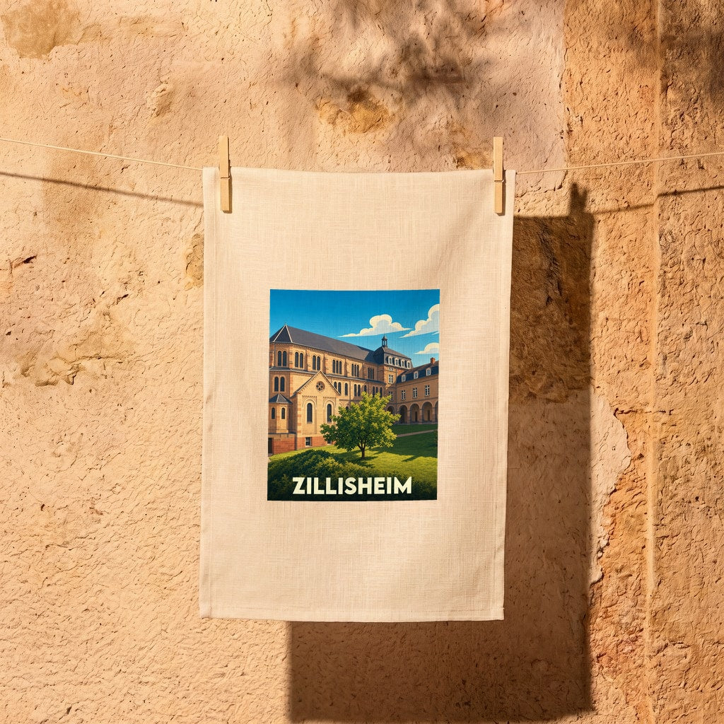 Torchon souvenir de la ville de Zillisheim avec une illustration stylisée de son architecture emblématique.