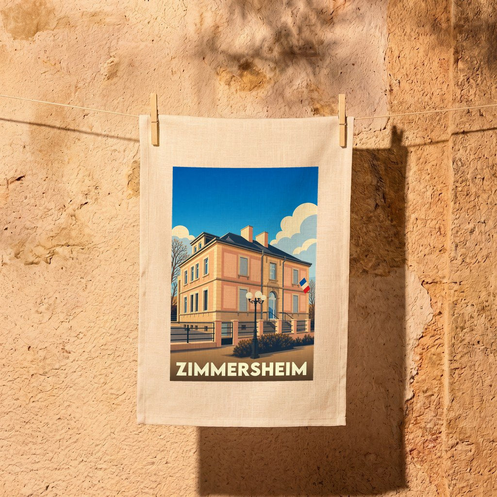 Torchon souvenir de la ville de Zimmersheim avec une illustration stylisée d'une bâtisse alsacienne sous un ciel bleu.