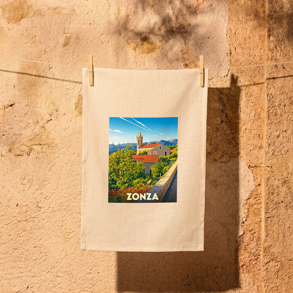 Torchon souvenir de la ville de Zonza avec une illustration stylisée d'un village corse ensoleillé.