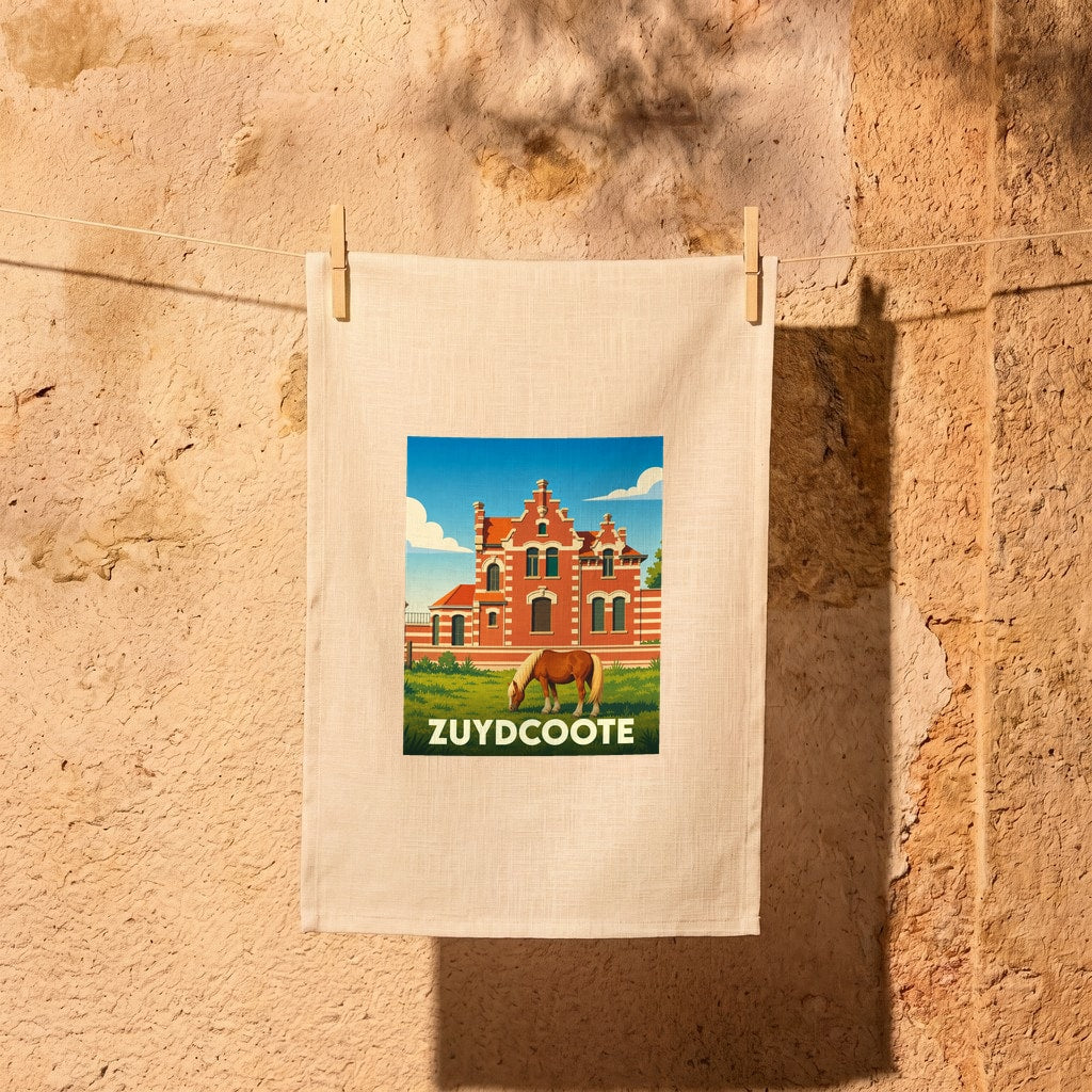 Torchon souvenir de la ville de Zuydcoote illustré d'un bâtiment typique en briques rouges et d'un cheval dans un pré.