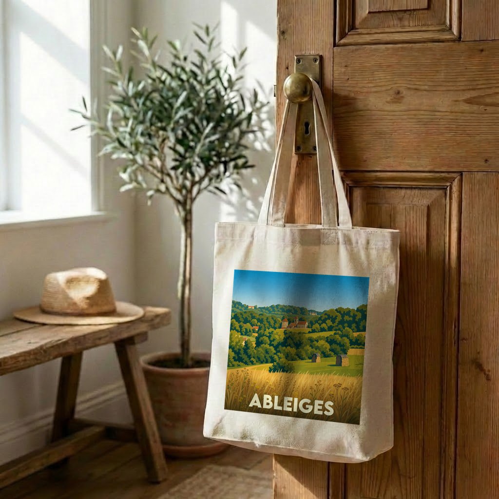 Tote bag souvenir de la ville de Ableiges avec une illustration paysagère stylisée.