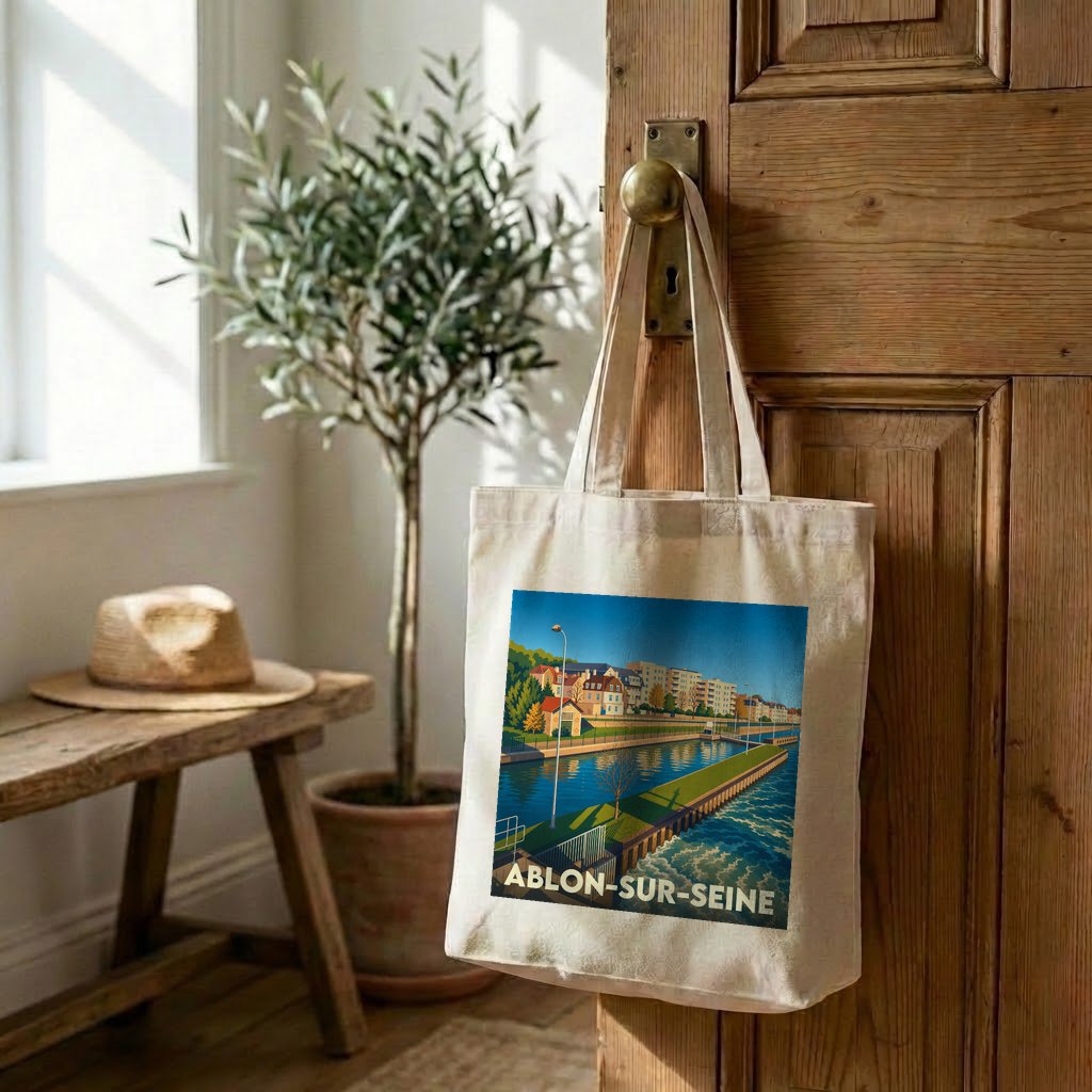 Tote bag souvenir de la ville d'Ablon-sur-Seine avec une illustration stylisée des bords de Seine.