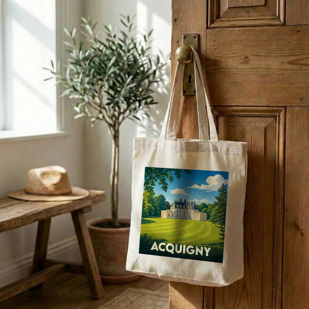 Tote bag souvenir de la ville d'Acquigny avec une illustration stylisée d'un château.