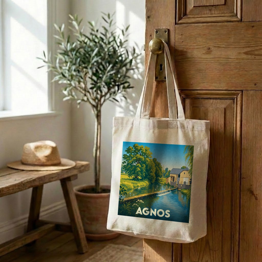 Tote bag souvenir de la ville d'Agnos avec une illustration stylisée d'un paysage fluvial.