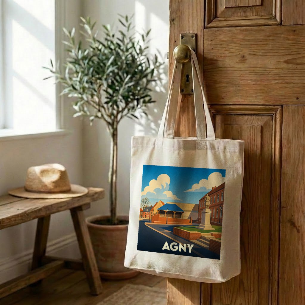 Tote bag souvenir de la ville d'Agny avec une illustration stylisée.