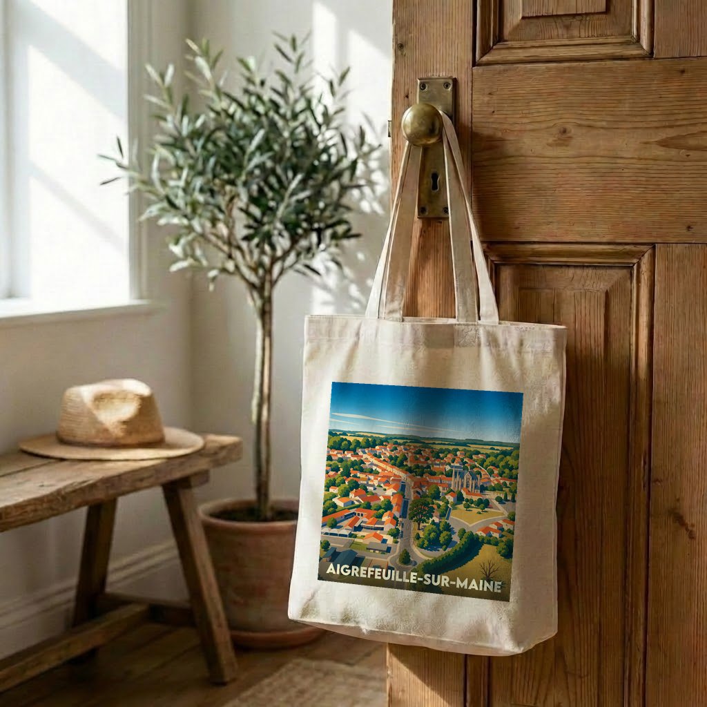 Tote bag souvenir de la ville d'Aigrefeuille-sur-Maine avec une illustration stylisée.