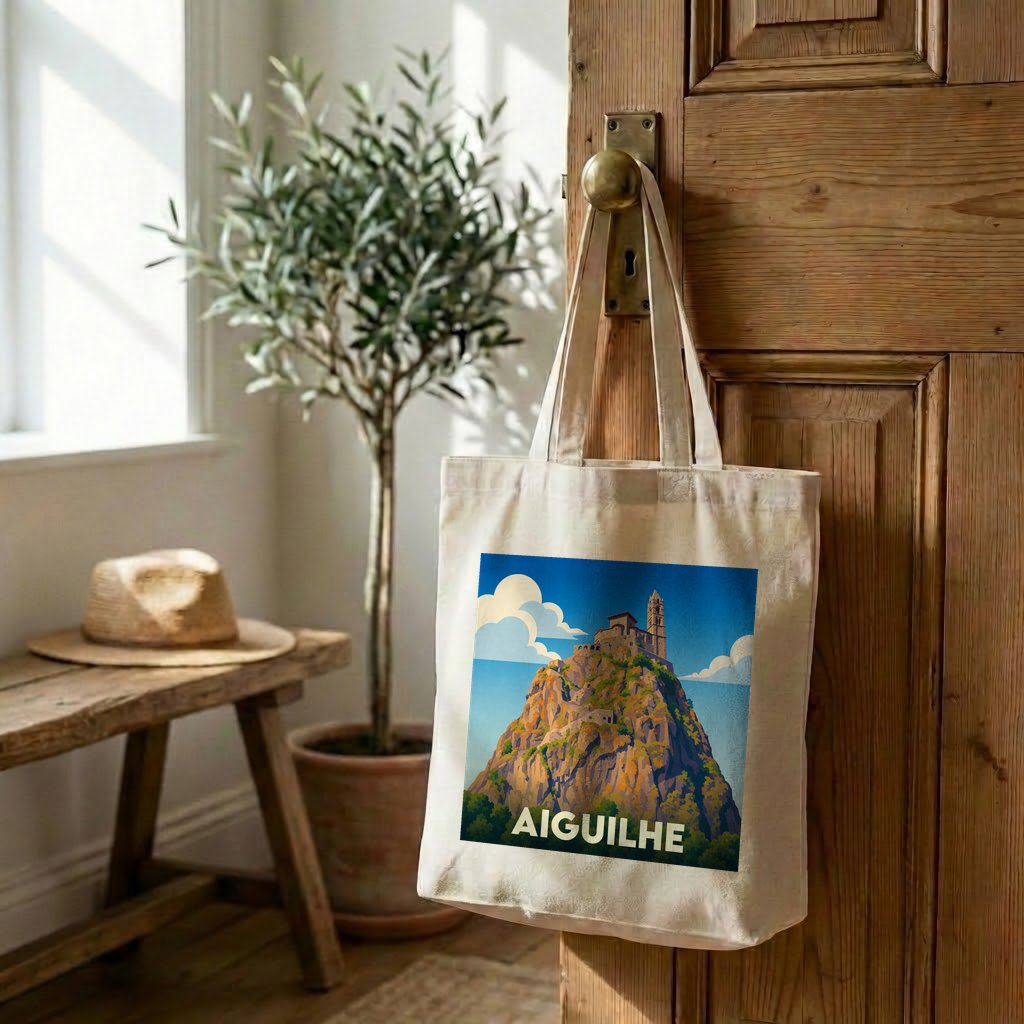 Tote bag souvenir de la ville d'Aiguilhe avec une illustration stylisée de son rocher et de sa chapelle.