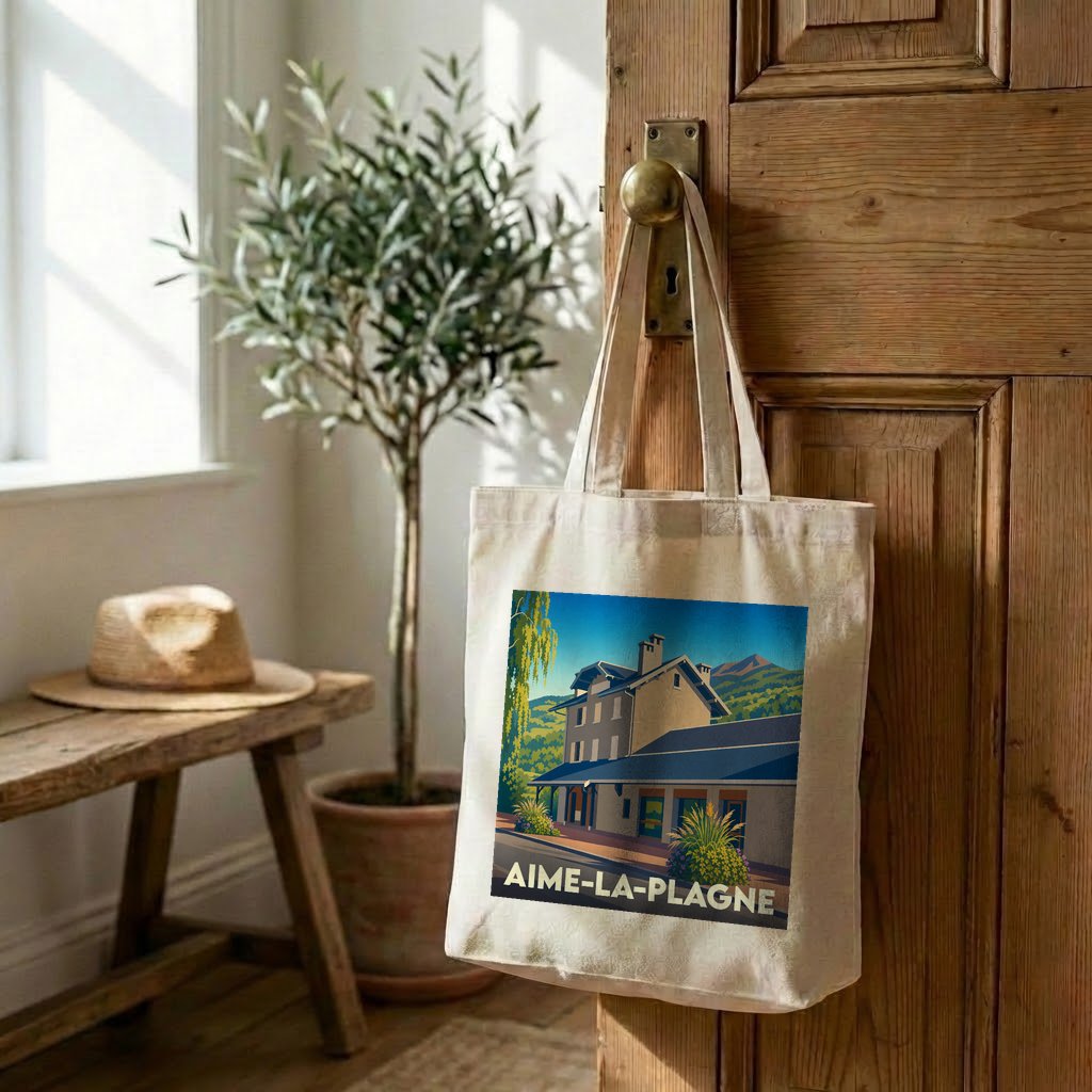 Tote bag souvenir de la ville d'Aime-la-Plagne avec une illustration stylisée de sa gare.