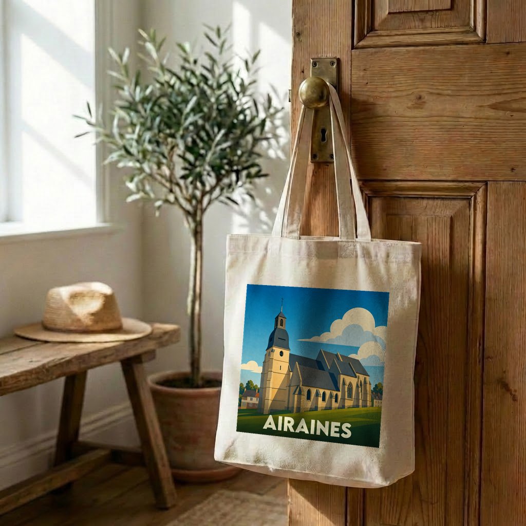 Tote bag souvenir de la ville d'Airaines avec une illustration stylisée de son église.
