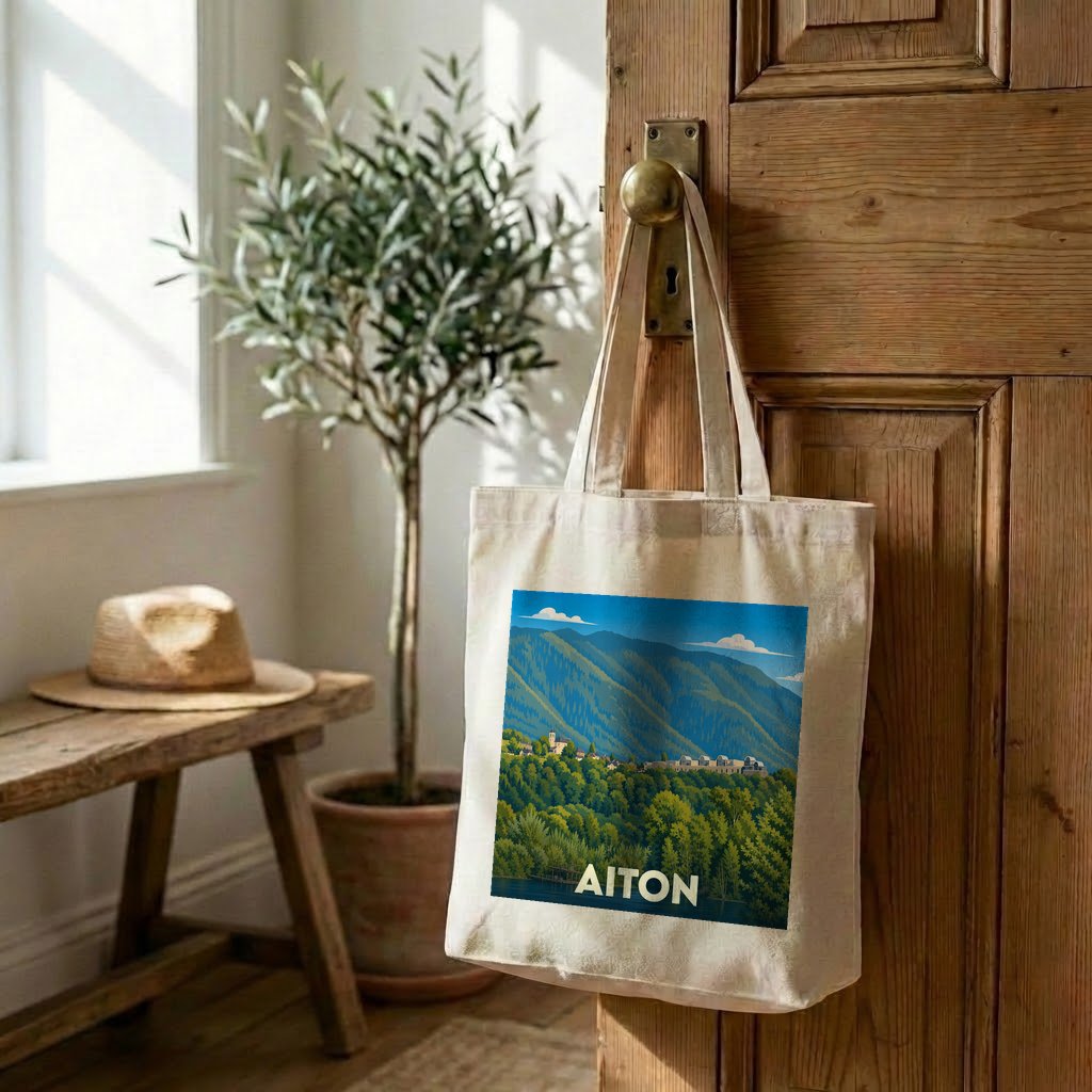 Tote bag souvenir de la ville d'Aiton avec une illustration stylisée de ses paysages montagneux.