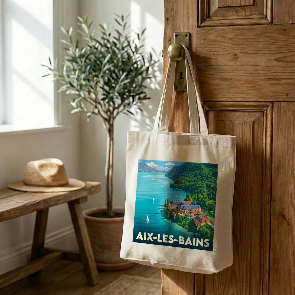 Tote bag souvenir de la ville d'Aix-les-Bains avec une illustration stylisée.