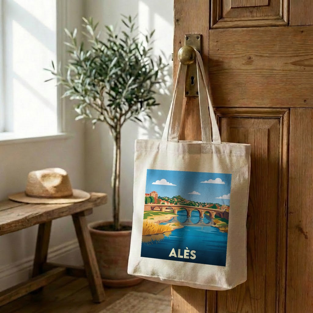 Tote bag souvenir de la ville d'Alès avec une illustration stylisée.