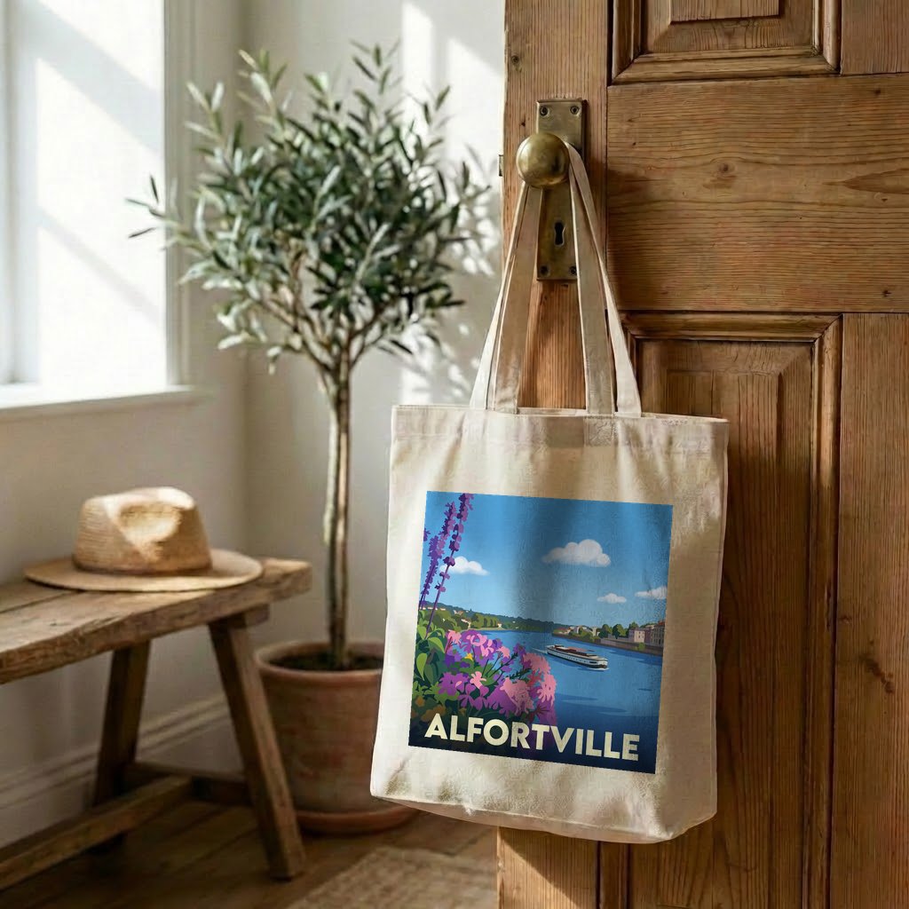 Tote bag souvenir de la ville d'Alfortville avec une illustration stylisée.