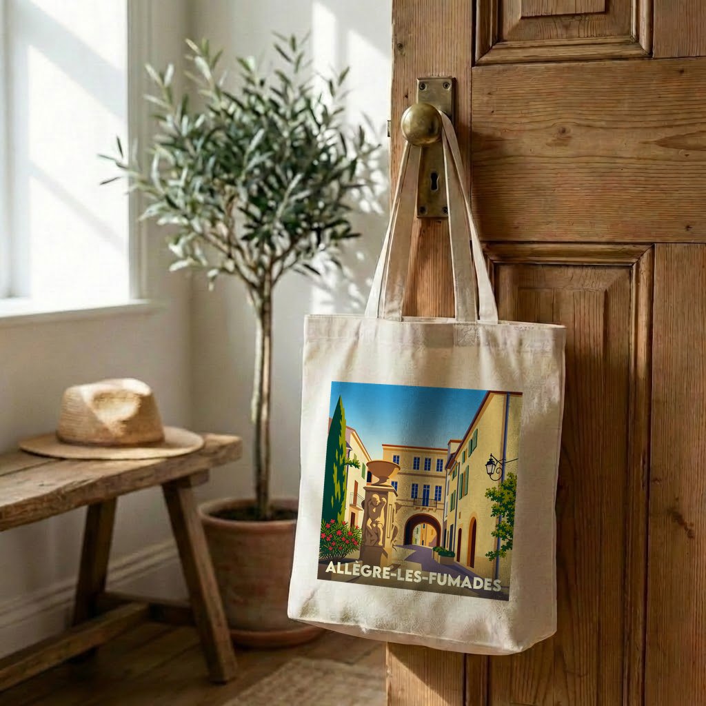 Tote bag souvenir de la ville d'Allègre-les-Fumades avec une illustration stylisée.