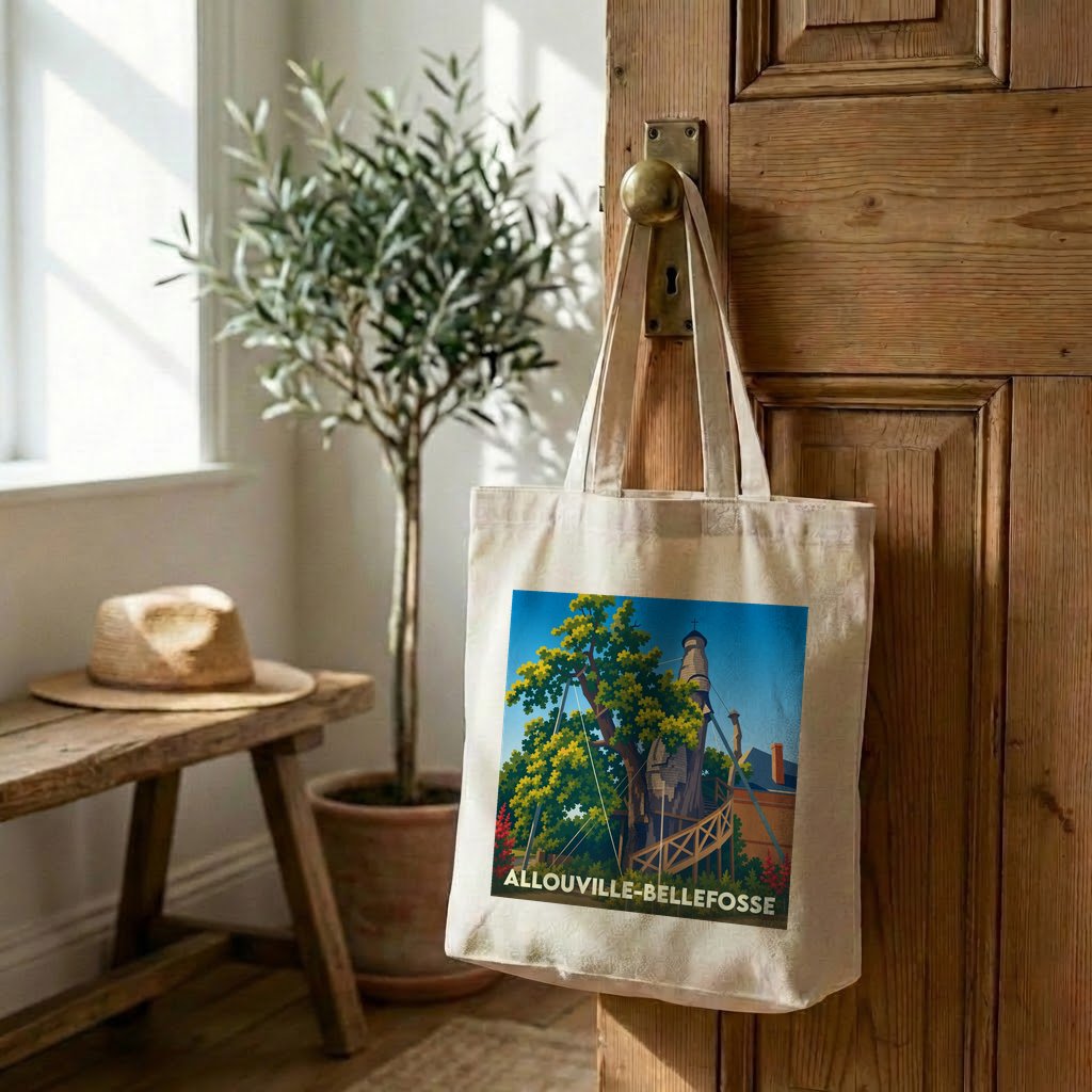 Tote bag souvenir de la ville de Allouville-Bellefosse avec une illustration stylisée.