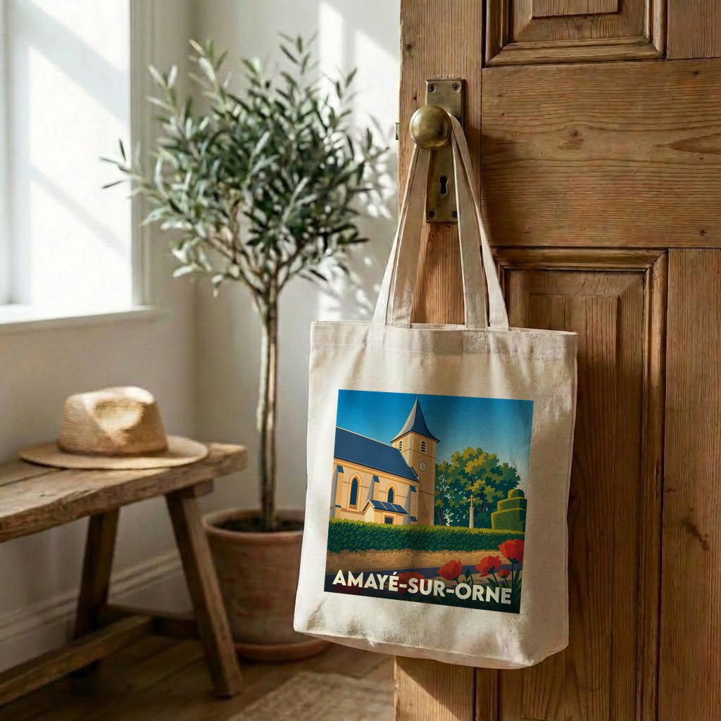 Tote bag souvenir de la ville d'Amayé-sur-Orne avec une illustration stylisée de son église.