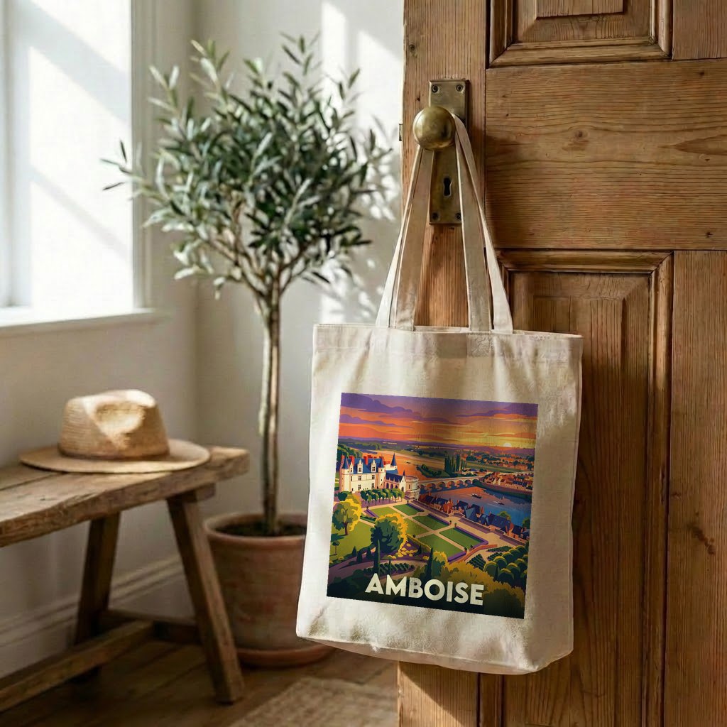 Tote bag souvenir de la ville d'Amboise avec une illustration stylisée.