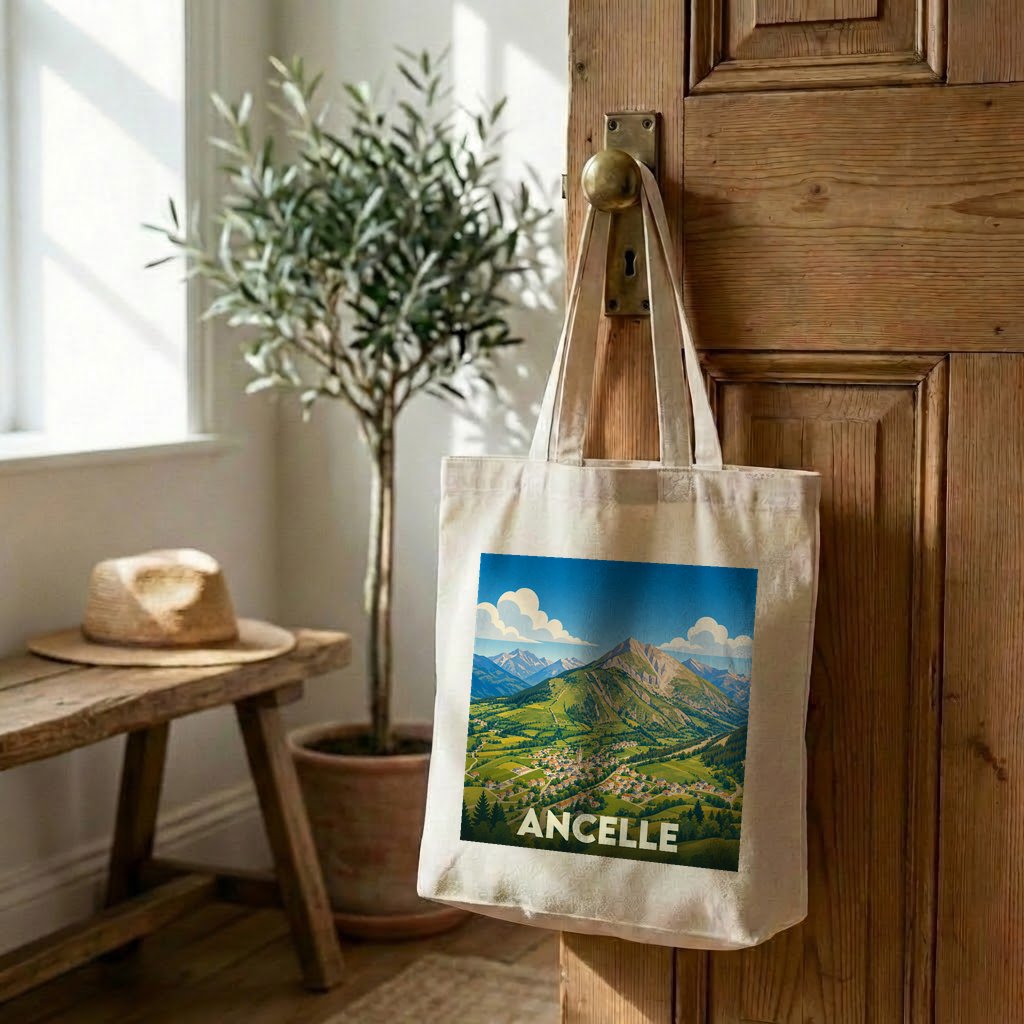 Tote bag souvenir de la ville d'Ancelle avec une illustration de paysage montagneux.
