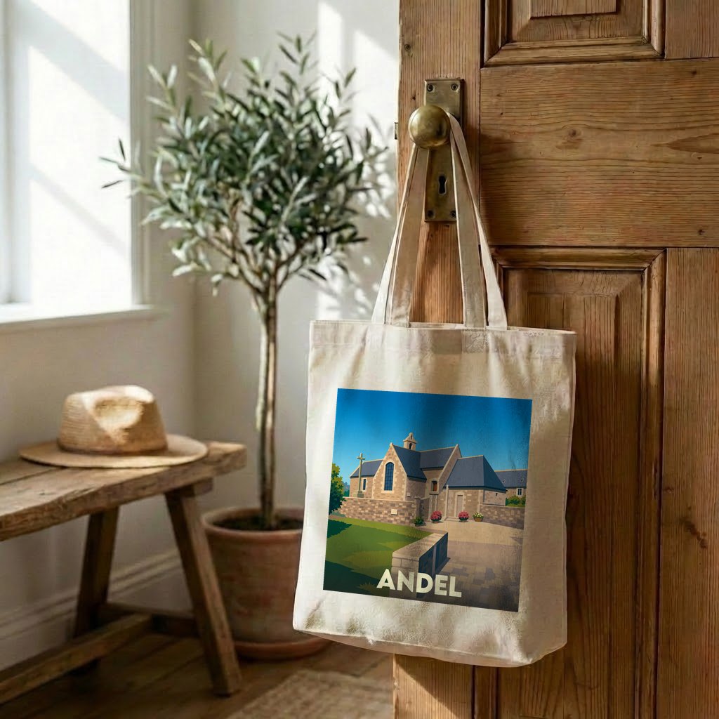 Tote bag souvenir de la ville de Andel avec une illustration stylisée.