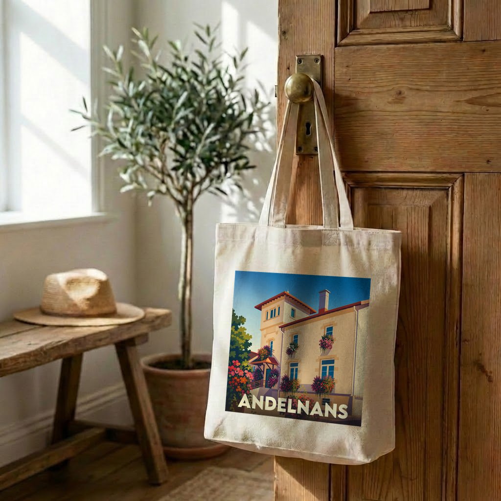 Tote bag souvenir de la ville d'Andelnans avec une illustration stylisée.